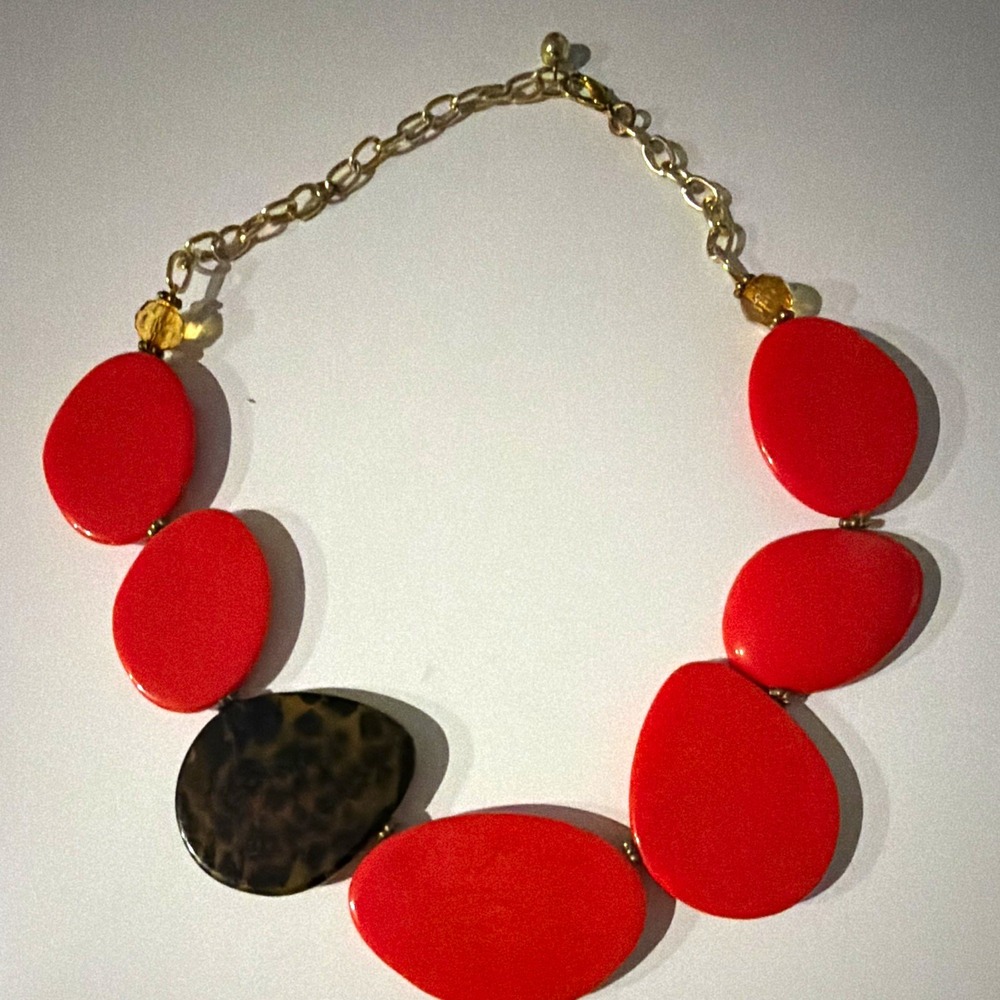 Orange Statement Bead Necklace Leopard Accent Gld Cable Chain Adjustable Lobster